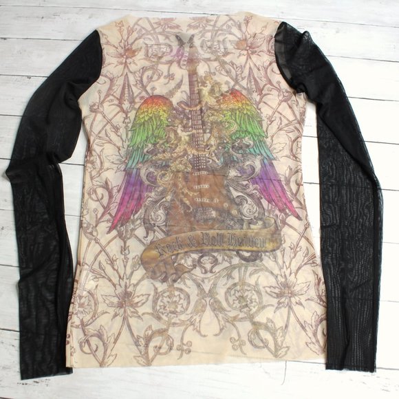 Vintage Womens Graphic Mesh T Shirt Top Size M Tattoo Art Guitar Wings - Picture 6 of 7
